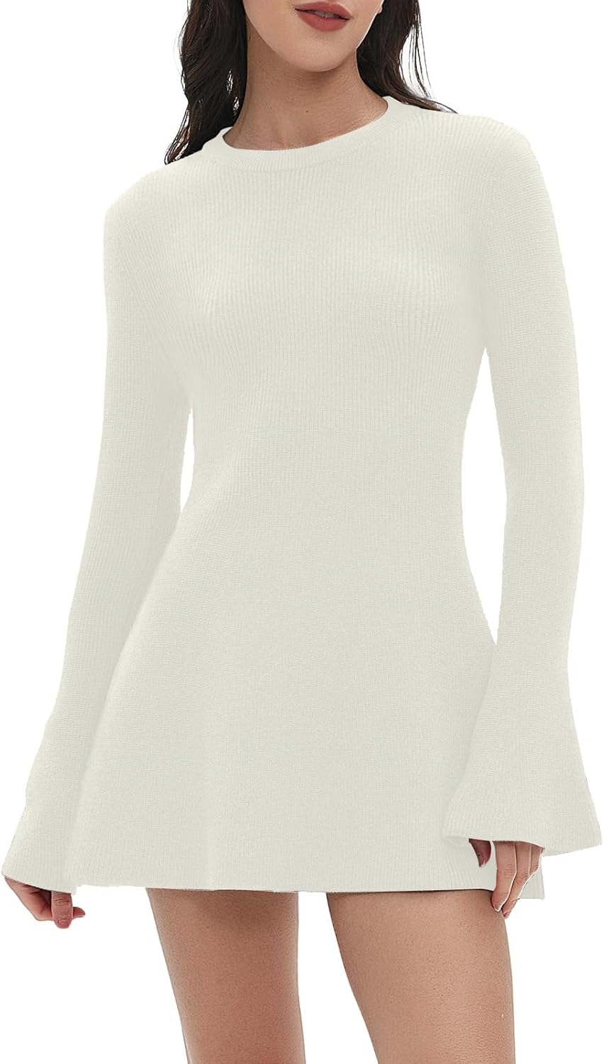 Casual Mini A-Line Knit Sweater Dress for Women – Crew Neck Flare Sleeves
