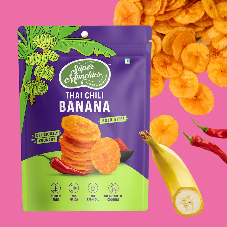 Image of Super Munchies Bold Bites Banana Chips Combo | Flaming Hot, Salted, Thai Chili, Sweet & Sour | Vegan, Gluten Free, No Palm Oil, No Preservatives, No Artificial Colors, Zero Trans Fat, No Cholesterol (Pack of 8)
