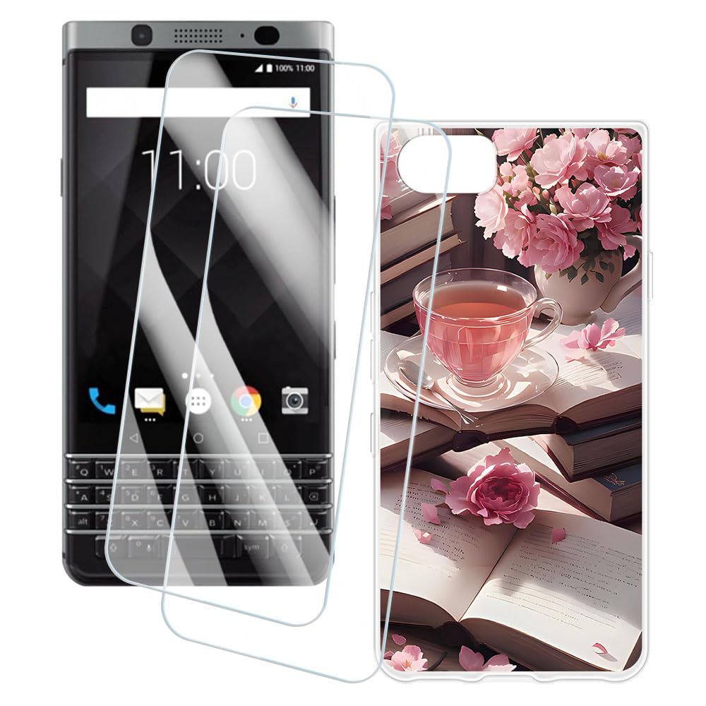 2 Pack Screen Protector + Case Compatible with BlackBerry Keyone DTEK 70 (4.5 inch) Case Artistic Custom Printed Cover and Tempered Glass Film Anti-Scratch (Pink Afternoon)