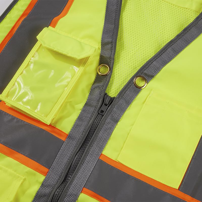 SV2700, Class 2, Hi-Vis Neon Green Yellow Lime Safety Vest Reflective Strips w/Orange Binding, 9 Pockets (IPAD)3