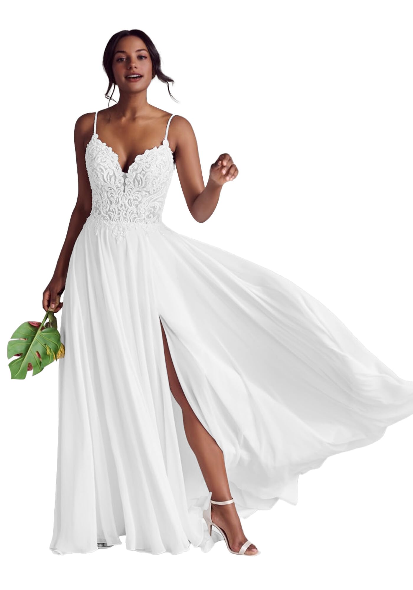 JAEDEN Damen Boho Brautkleider Spaghettiträger Spitze Strand Brautmode A-Linie Tüll Hochzeitskleider