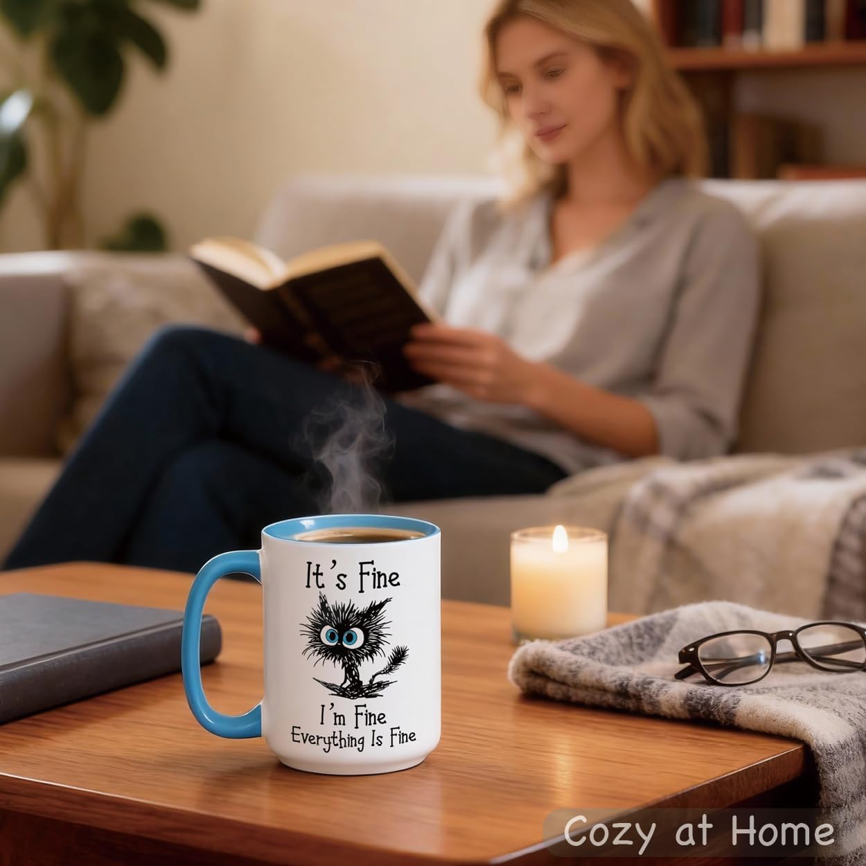 Funny Black Cat Coffee Mug – 15oz Sarcastic I am Fine Everything's Fine Cup – Big Ceramic Mug with Blue Handle – Microwave & Dishwasher Safe – Funny Gag Gift for Cat Lovers, Women, Coworkers - Image 9