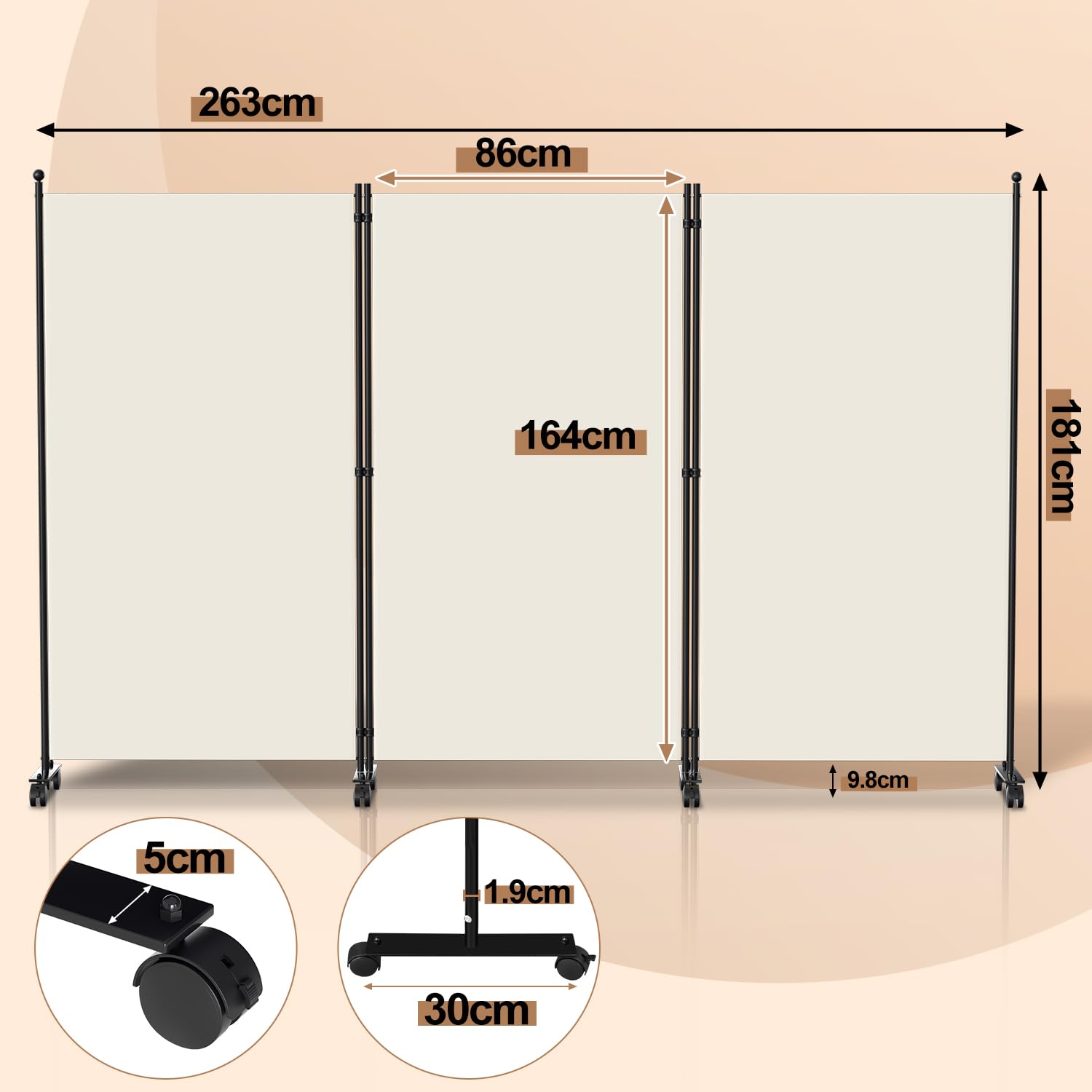 Biombo biombo con ruedas, divisor plegable de 3 piezas, 263 x 181 x 30 cm, para dormitorio, protección visual de fibra de poliéster, fácil instalación (beige)