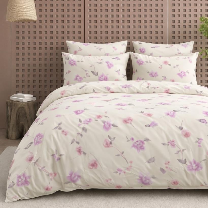 Image of DECOR2ADMIRE 300 TC Premium 7D Print Super King Size Cotton Bedsheet Set with 2 Pillow Covers | Ultra Soft 108 inch x 108 inch | Elegant Floral Designs (Cream Rose)