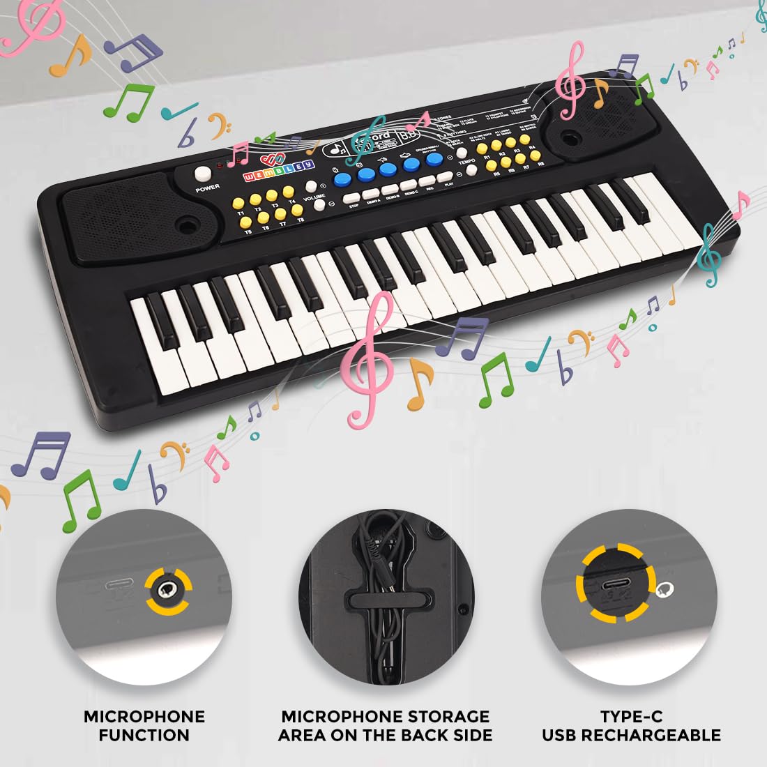 Wembley Kids Piano with Mic - Rechargeable & Portable Electronic Keyboard Musical Toy for Beginners Boys & Girls Ages 3-9 Years with Recording, 37 Keys, 8 Rhythms, 8 Tones, 6 Demos Function - Black - Image 4 thumbnail