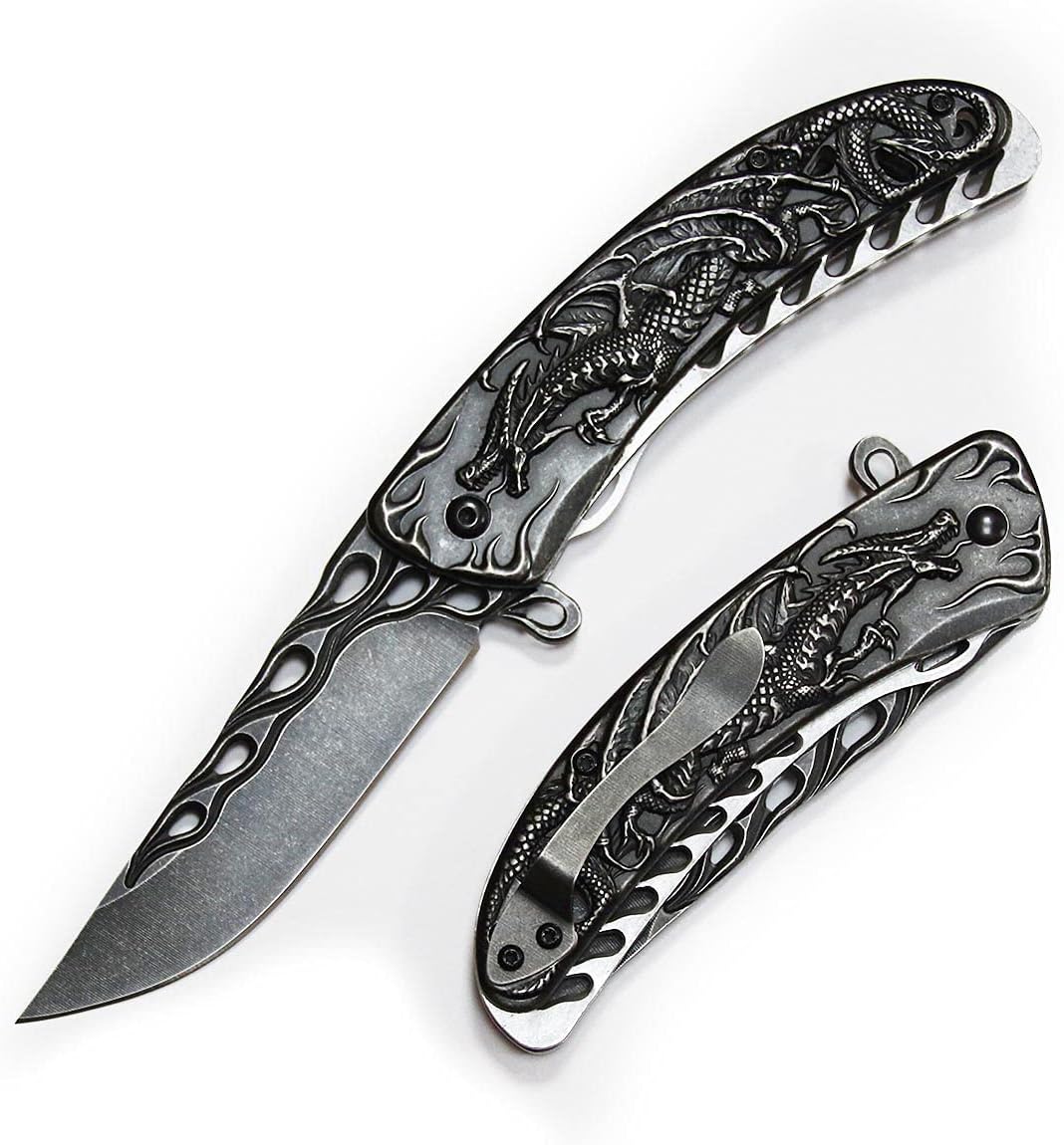 Stonewash Pocket Knifes Engraved Dragon Handle collection knife