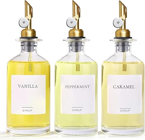 Juego de 3 botellas dispensadoras de vidrio de jarabe de café, botellas de bomba de 16.23 onzas con 20 etiquetas para organización de cafeterías