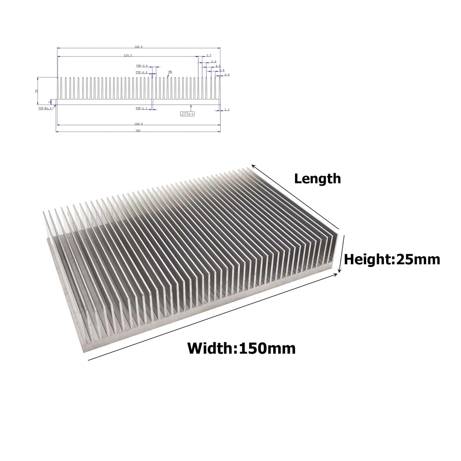 1 disipador de calor de aluminio para disipador de calor de refrigeración para CPU LED fuente de alimentación con cinta térmica de respaldo (SK23, longitud 150 mm)