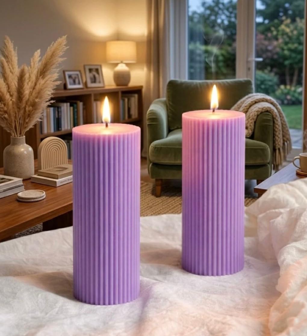 DAKSH Lavender Scented Pillar Candles Set of 2, 5 x 10 cm Large Soy Wax Pillar Candles Aesthetic Modern Home Decor for Bathroom Living Room Diwali Gifts (Lavender)-image-35