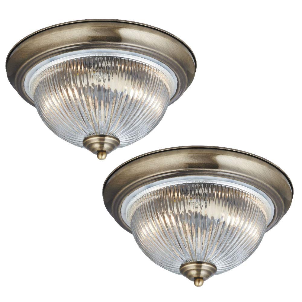Britalia 2 Pack - Antique Brass & Clear Ribbed Glass Bathroom Vintage Round Flush Ceiling Light 290mm | 2 x E14 SES Lamp Bulbs Required (Not Included) | IP44 Rated | Suitable for Outdoor Use