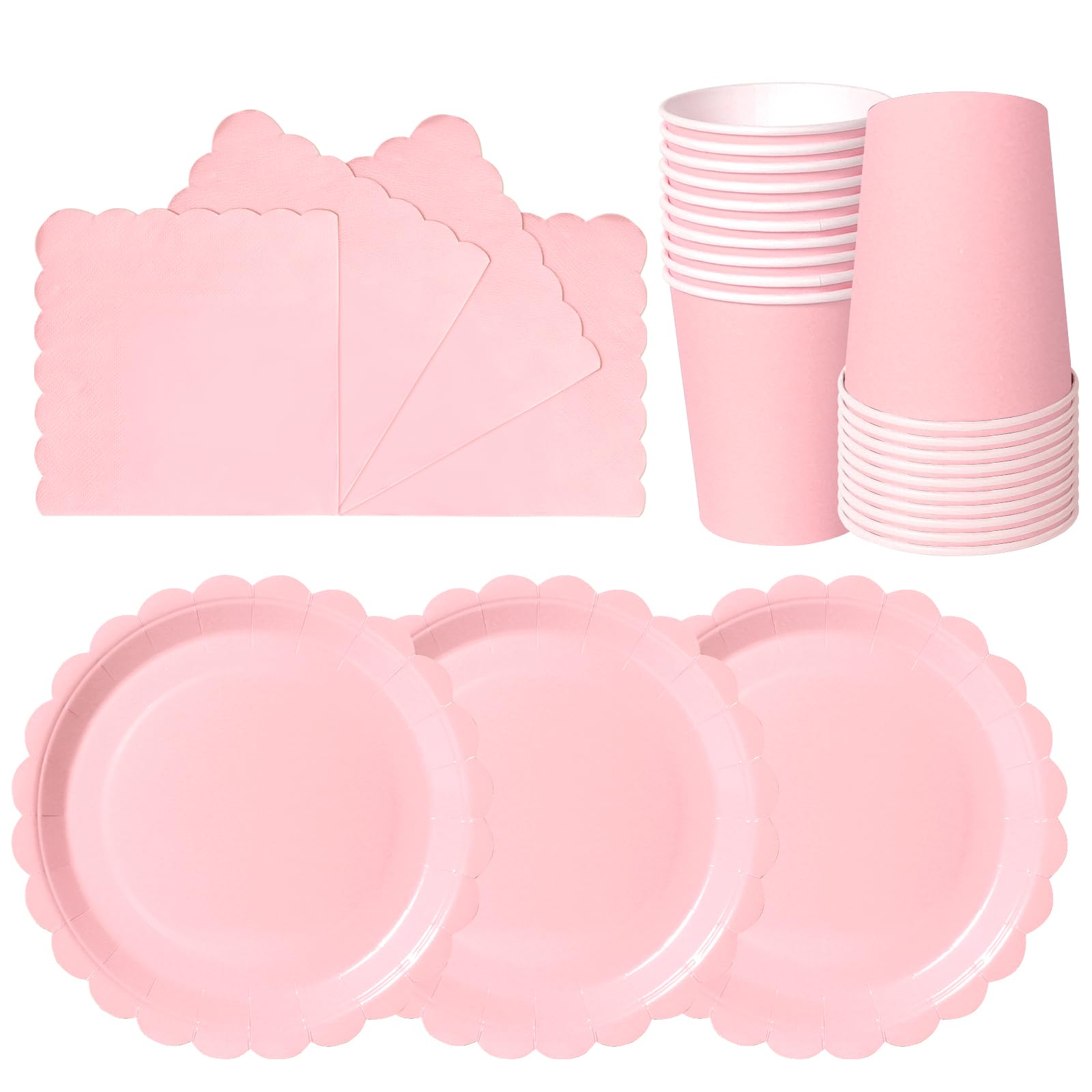 hailstones Dusty Pink Disposable Scalloped Party Paper Plates Set Tableware Supplies - 24 Pack of 7 Inch Plates, Cups & Napkins for Kids Birthday Decorations Christening Wedding Shower