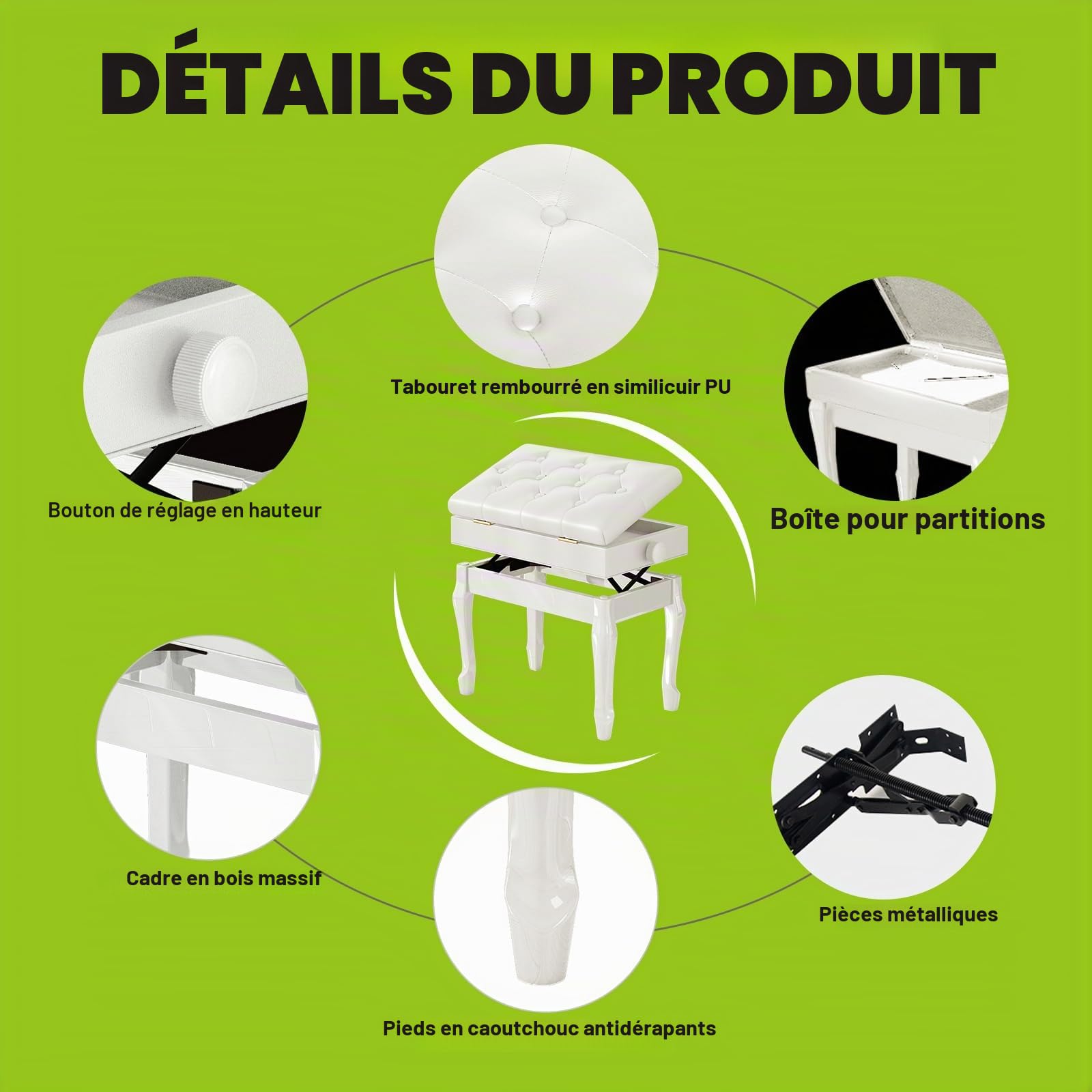 Banc de Piano,Banc Piano en Cuir PU épais à 10 Boutons, Tabouret Piano réglable en Hauteur à Pieds courbés en Bois Massif,Banquette Piano avec Compartiment de Rangement,Tabouret Piano Blanc