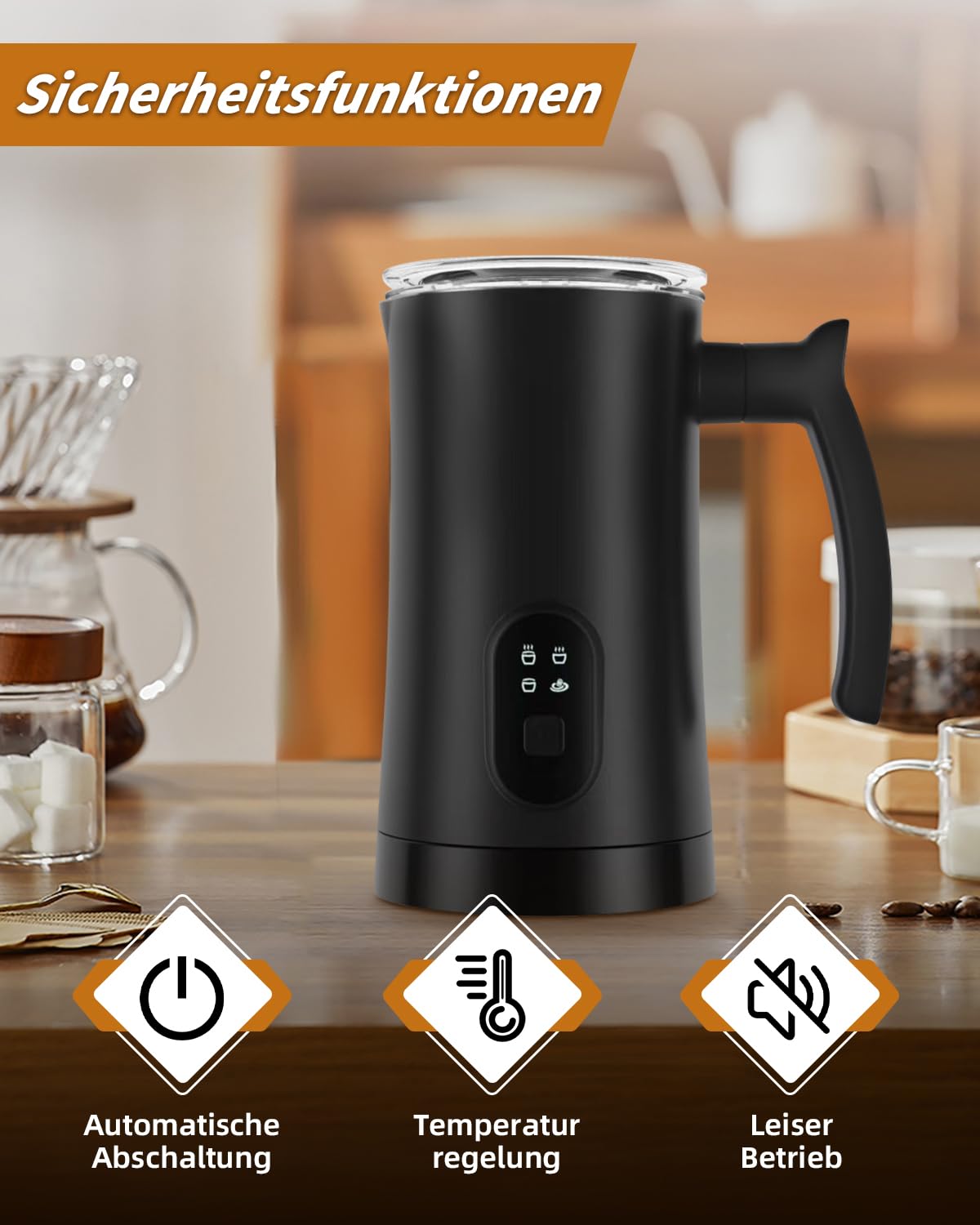 Liksiy Milchaufschäumer, 4-in-1-Kaffee-Milchaufschäumer mit Heiß- und Kaltaufschäumung für Latte, Cappuccino und Macchiato (schwarz)