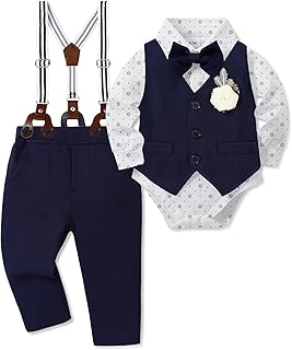 Baby Boy Clothes Suit Infant Gentleman Wedding Outfit Dress Shirt+Bowtie+Vest+Corsage+Suspender+Pants 6Pcs Set 0-24M - Buy now
