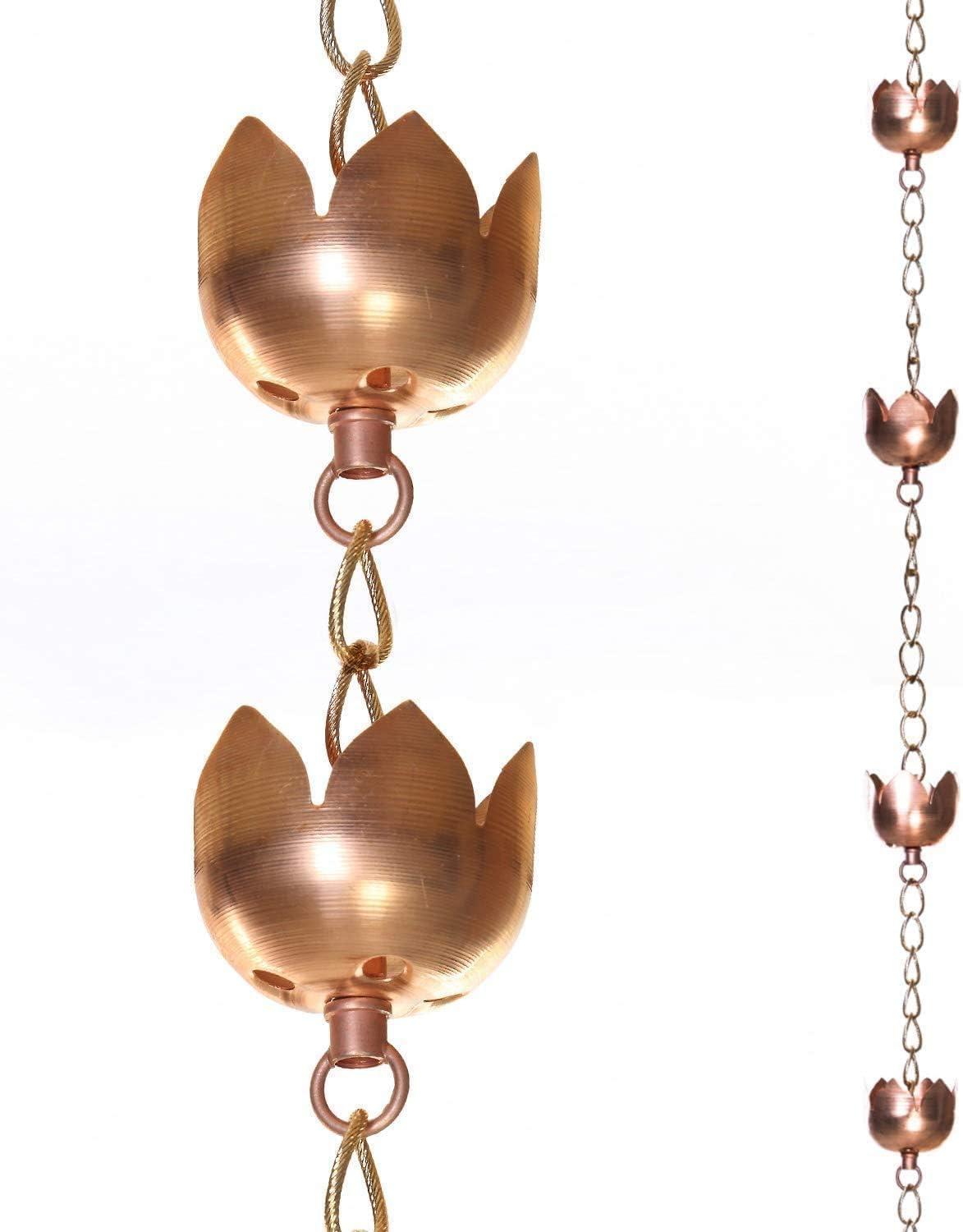 Topadorn 8.5 FT Metal Lotus Rain Chain with 11 Tulip Shaped Copper Cups for Outdoor Home Garden Decor Replacement for Gutter Downspouts, Divert Water and Home Display