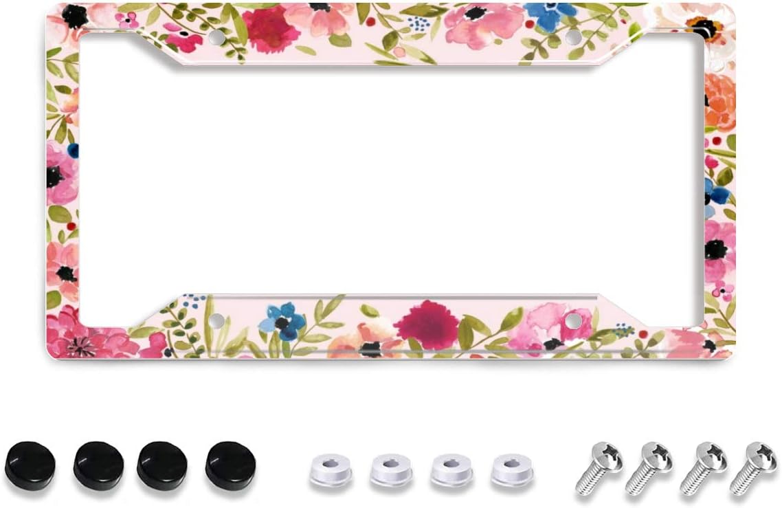 Personalized License Plate Frame Stainless Steels Artistic Flower Pink License Plate Car Tag Holder with 4 Holes and Screws for Women Men Auto Decoration for USA Canada Vehicles Standard (12"x6")