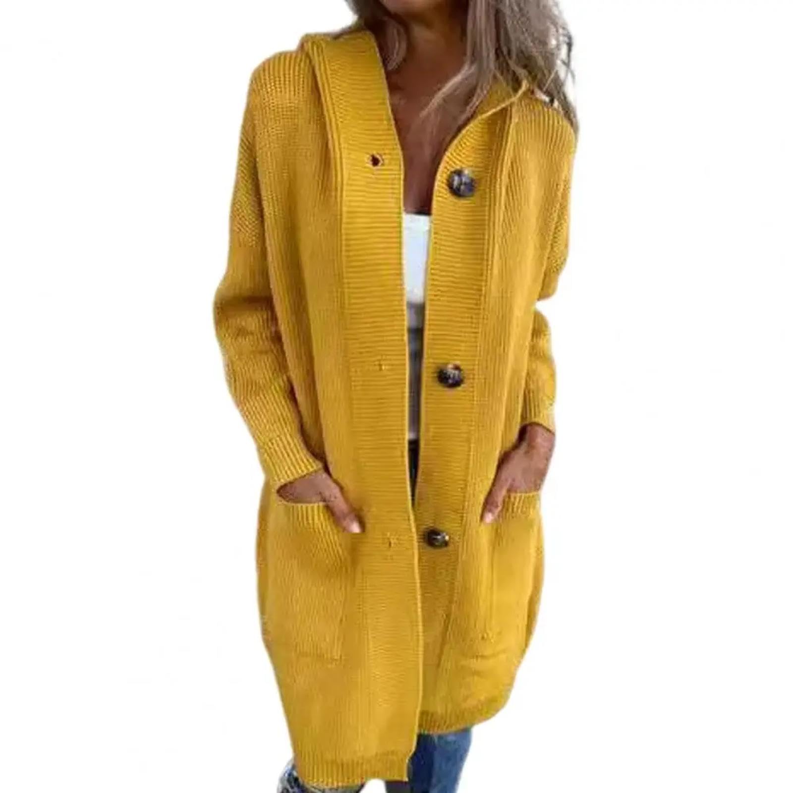 Cárdigan Manga Larga Suéter Jersey De Punto con Capucha Y Manga Larga para Mujer Jersey con Una Botonadura Abrigo con Bolsillos Prendas De Punto De Longitud Media De Color Sólido