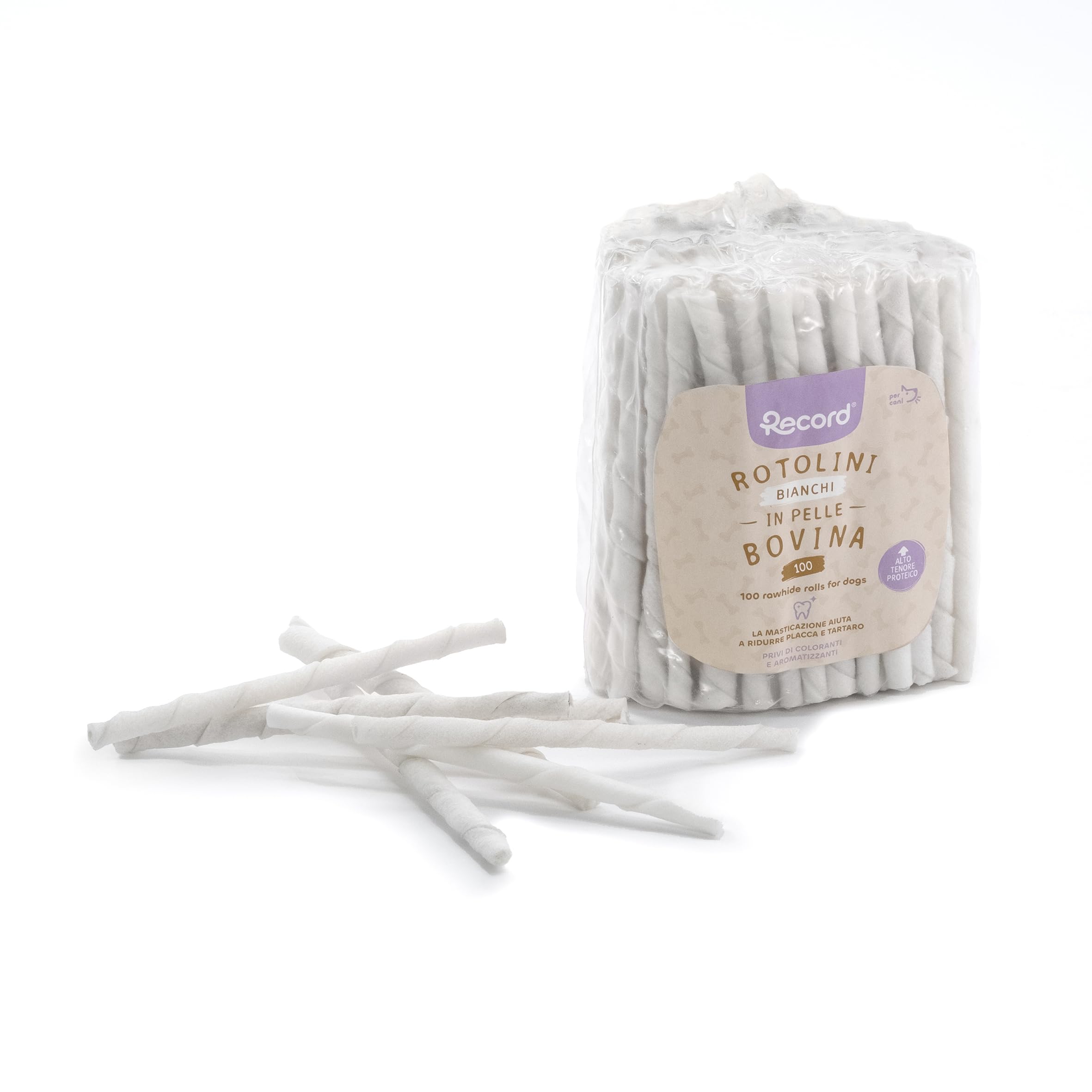 Record - Snack per Cani Stick Termoretratti in Pelle Bovina. Masticativi per Cani Proteici e Naturali, ideali per la Salute Gengivale. Realizzati con Essicazione Naturale | 100 stick Bianchi, 550 gr