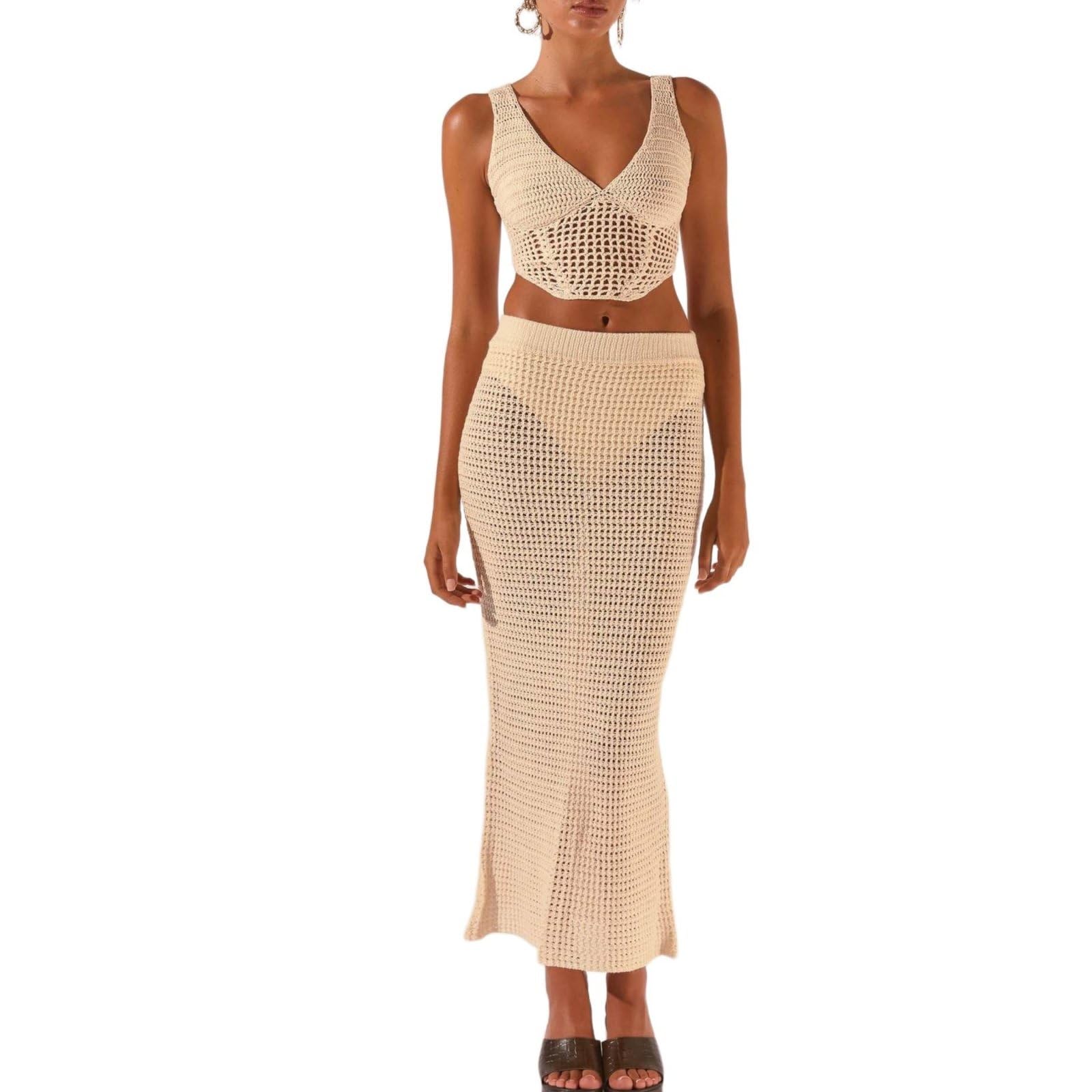 Set Gonna Da Donna in Maglia 2 Pezzi Hollow Out Halter Crop Top E Bodycon Set Gonna Lunga