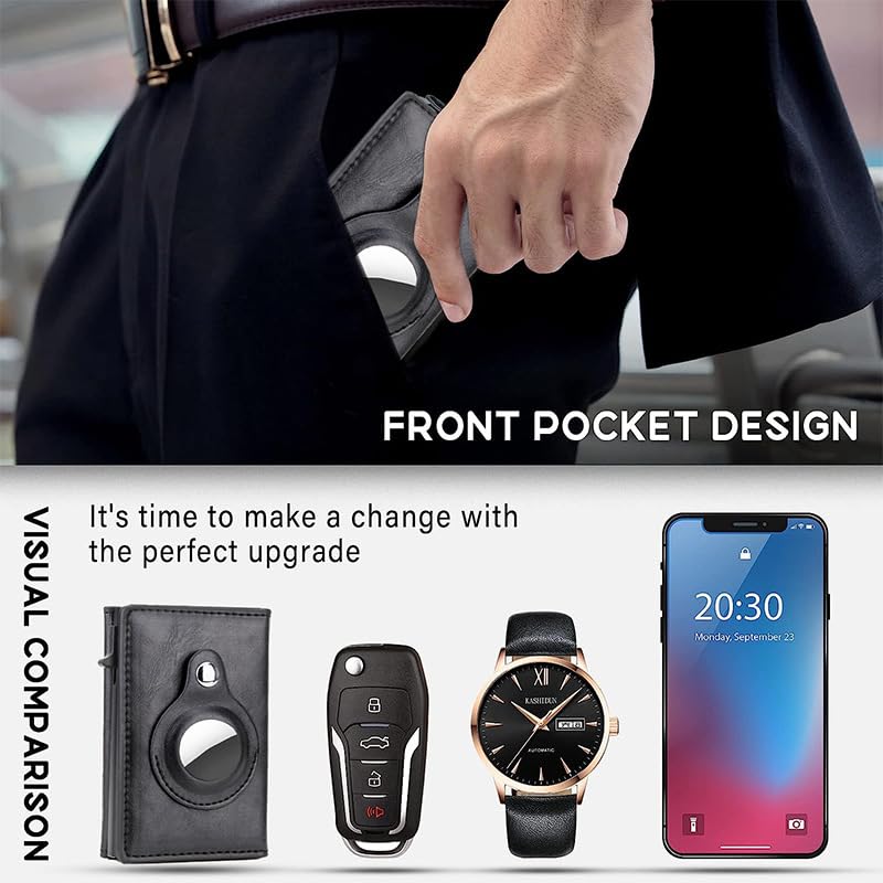 Image of Mens Pop Up Wallet for AirTag: Premium Genuine Leather, RFID Blocking, Smart, Minimalist, 9-14 Card Capacity, ID Window, Cash Slot (Black)