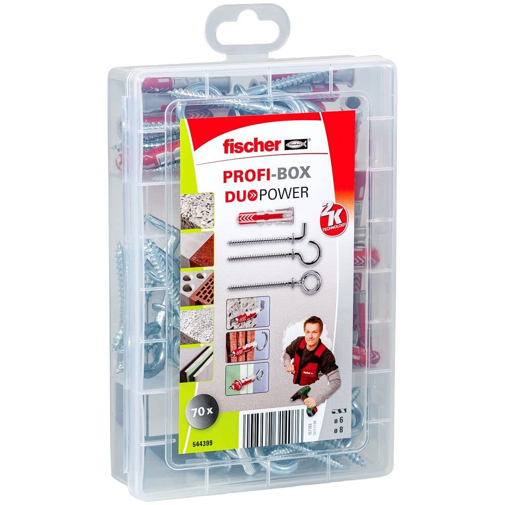 fischer 544399 Profibox Duopower + Hooks Plug Set, Caja pequeña, Grey and Red, 70 Unidad