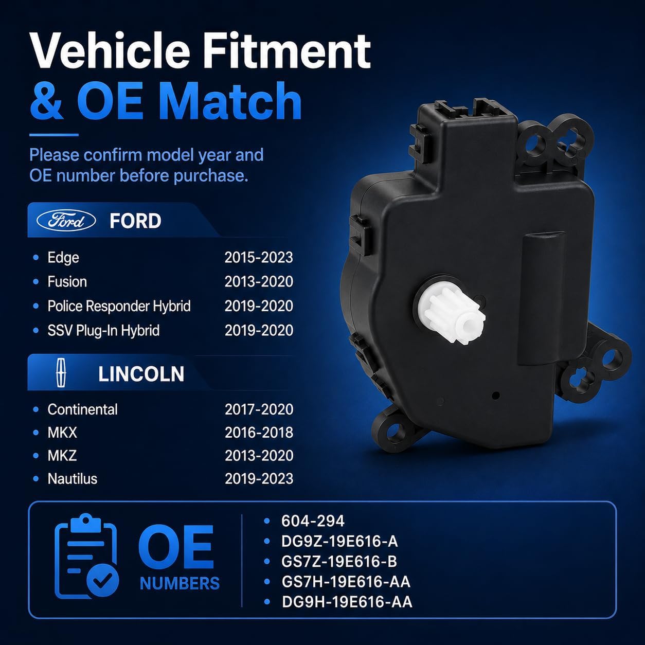 HVAC Heater Blend Door Actuator Compatible with Ford Edge 2015-2023 Fusion 2013-2020 Lincoln Mkx 2016-2018 Mkz 2013-2020 Nautilus 2019-2023 OEM#604-294 DG9Z-19E616-A GS7Z-19E616-B