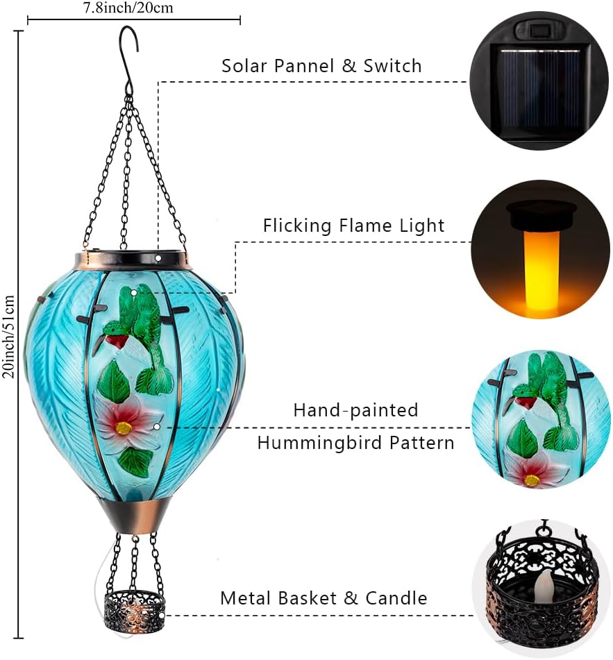 Large Hot Air Balloon Solar Lantern with Flame, Waterproof Outdoor Lantern with Decor for Patio, Porch, Present for Women(Blue Hummingbird)