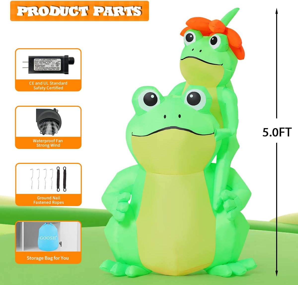 GOOSH 5 FT Summer Inflatables Frogs Decorations Blow Up Yard with Flower Built-in LEDs for Garden Lawn Indoor Party Decor