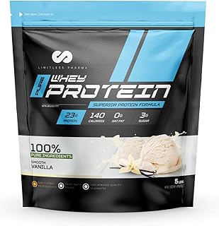 Limitless Pharma Pure Whey Protein - Whey Concentrate Protein Powder, Made with 100% Pure and Natural Whey Concentrate, 23 Grams Protein Per Scoop, 65 Servings, 5LBS (Smooth Vanilla)