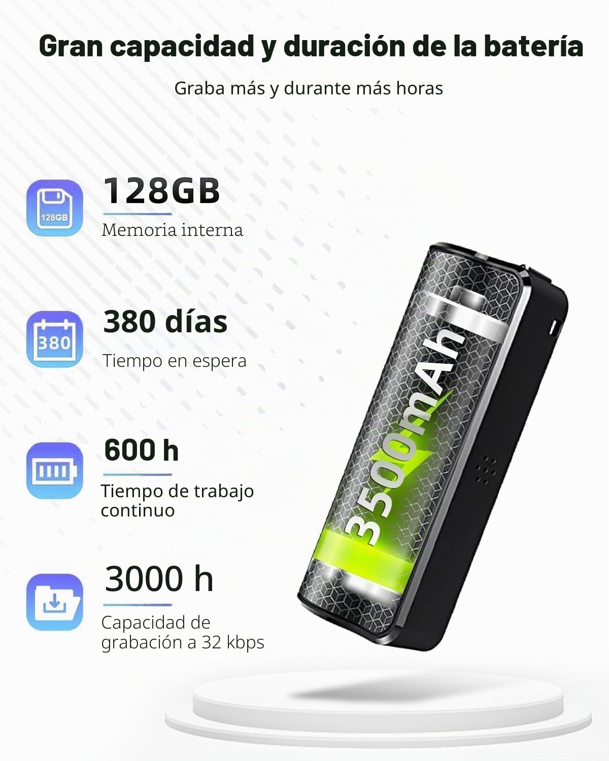 Grabadora de Voz magnética 128 GB, Dispositivo de grabación con 600 Horas de grabación Continua, grabadora de Audio con reproducción, grabadora activada por Voz, Ideal para conferencias, reuniones