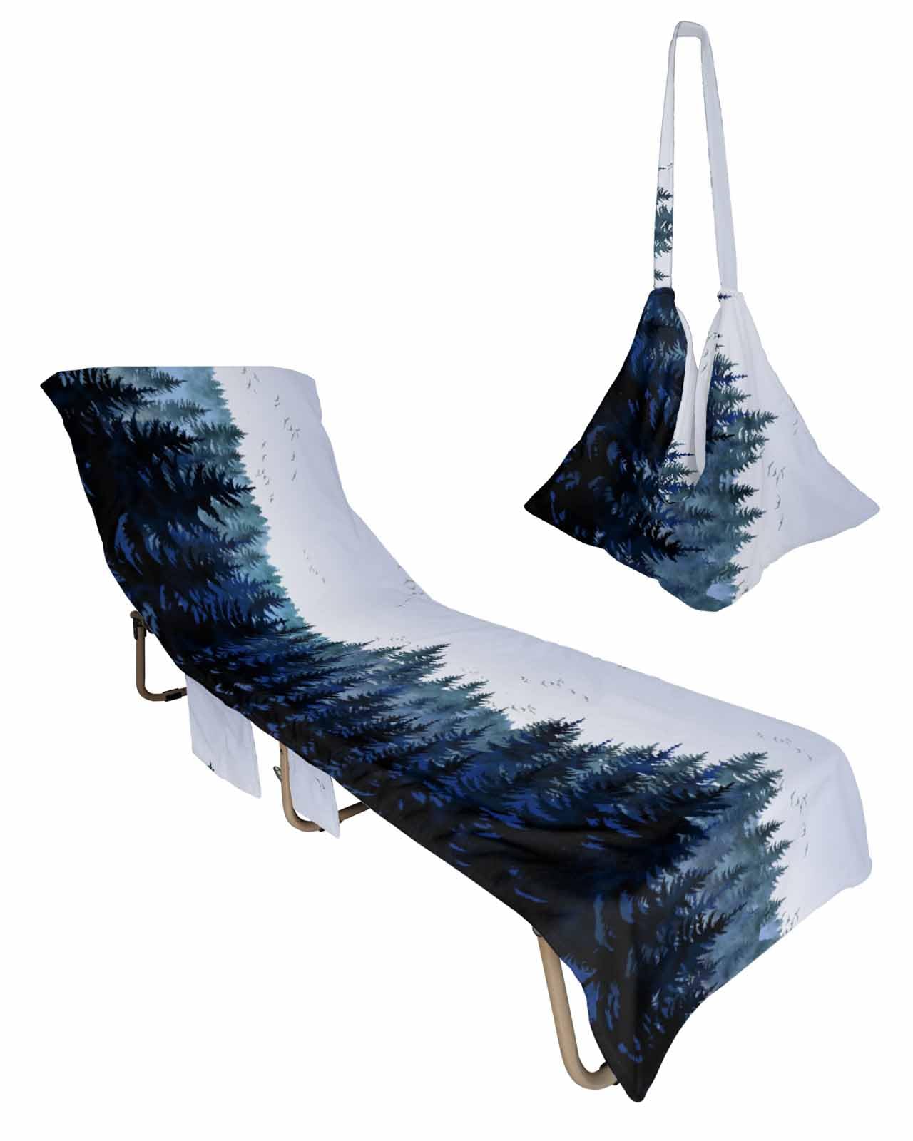 Forest Blue Trees Beach Chair Towel Covers for Chaise Lounge with Side Pocket, Soft Plush Pool Towels Cover for Patio Sunbathing Outdoor 29''x85'' Watercolor Nature Bird