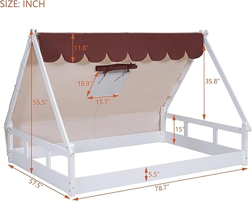 Miniatura 2 de Harper & Bright Designs Marco de cama de tamaño matrimonial para niños, cama de madera con tela, marcos de cama para niños con valla y techo, cama