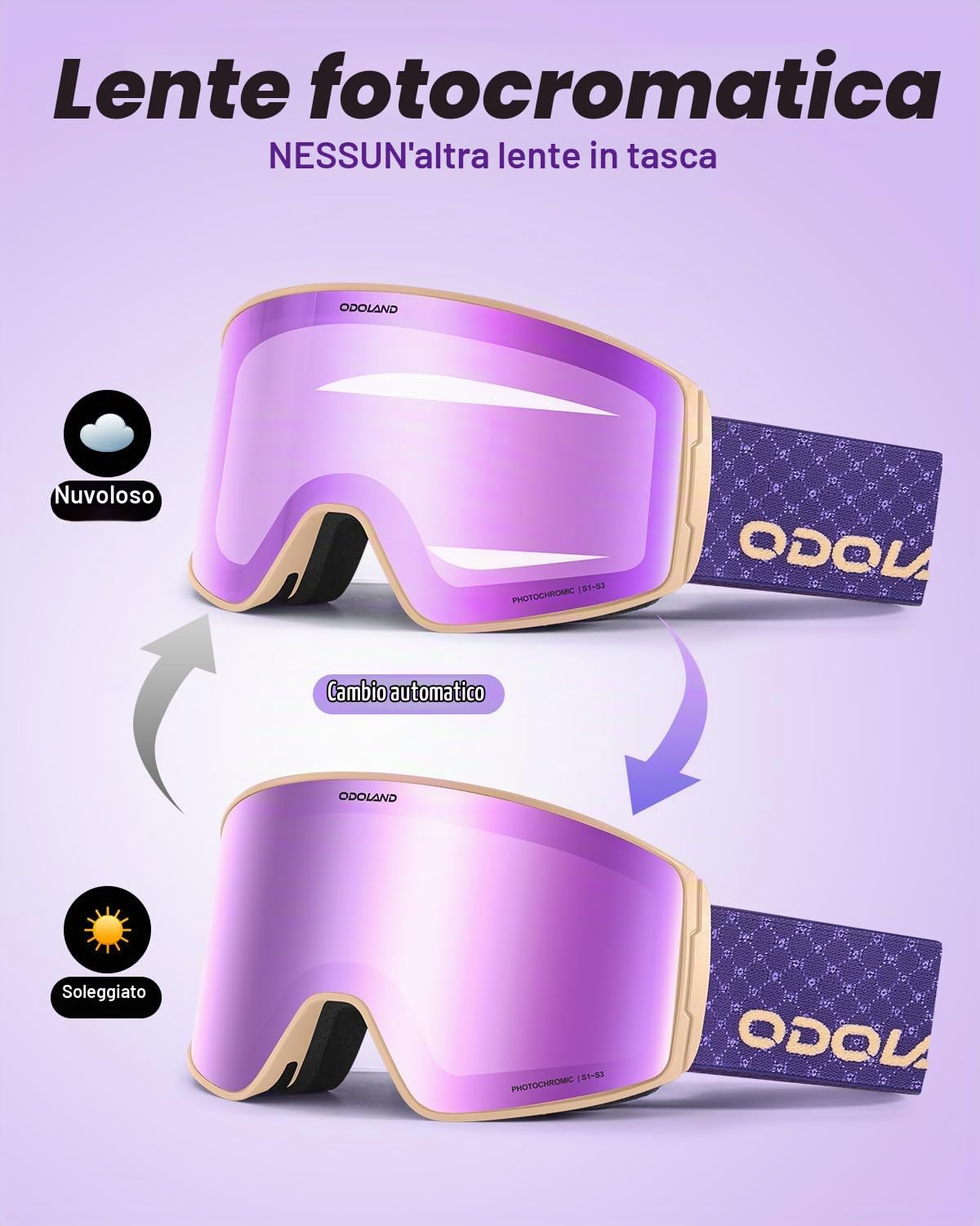Odoland Occhiali da Sci Fotocromatici Maschera da Snowboard Cilindrici Antiappannamento Protezione UV400 Occhiali da Sci e Snowboard per Adulti Ragazzi Uomo Donna