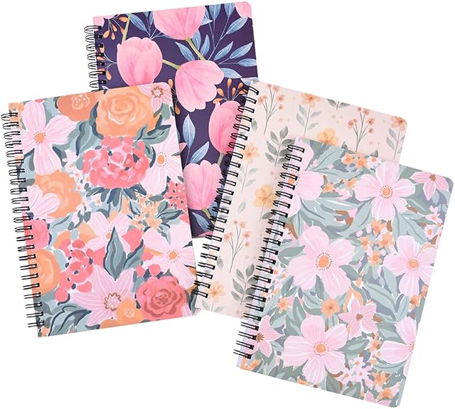 ROSNONG A5 Notebooks Spiral Bound(160Pages) Waterproof Notepad Cute Exercise Books Lined,Hardcover,Easy to Carry,4pcs-Flowers