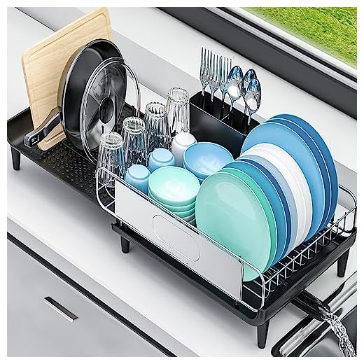 TOOLF Dish Drying Rack, Stainless Steel Dish Rack, Expandable(14.5"-25.3") Dish Drainer Rack and Utility Drainboard Set with Foldable Rack, Utensil Holder Cups Holder for Countertop, 1 Piece Black
