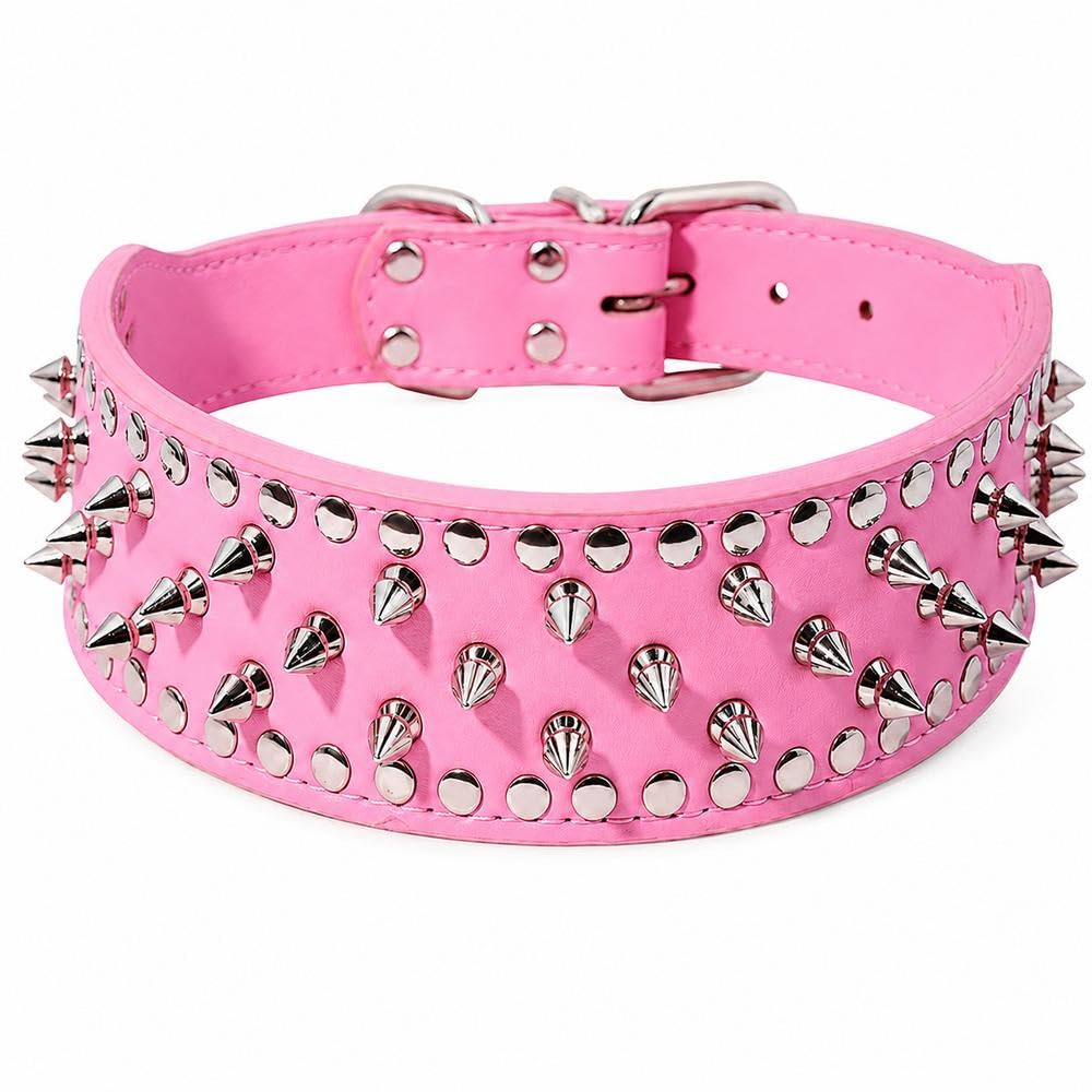 Uteruik Spiked Dog Collar, 2 in Wide PU Leather, Adjustable, L, Pink