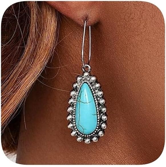 Vintage Turquoise Teardrop Earrings, Antique Silver Beaded Border, Long Hook Dangle, Boho Drop Earrings for Women