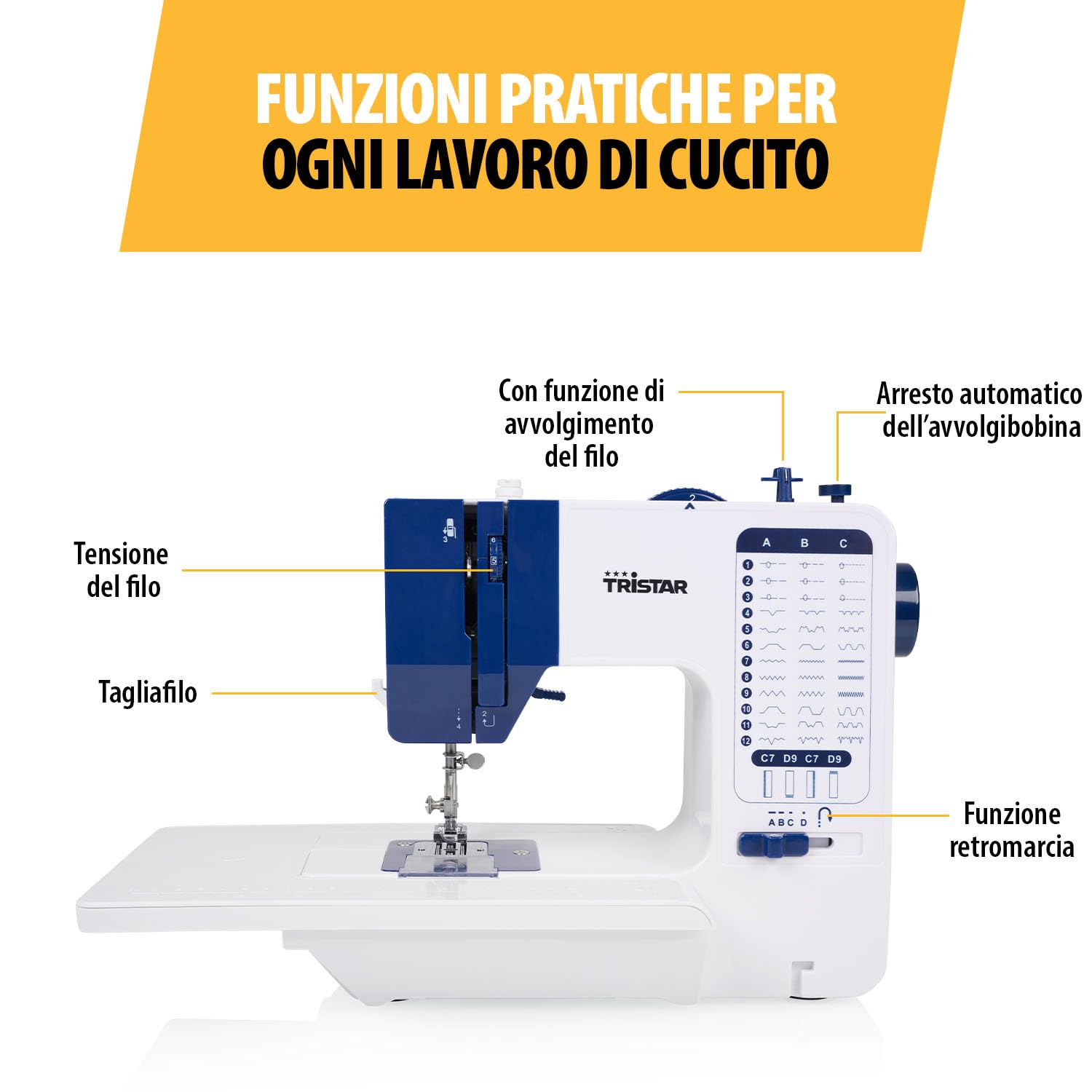 Tristar Macchina da Cucire con 38 Punti, Tavolo Estensibile, Braccio Libero, Luce LED, Infila-Ago Automatico, Tagliafilo, Controllo Velocità, Compatta e Facile, SM-6005