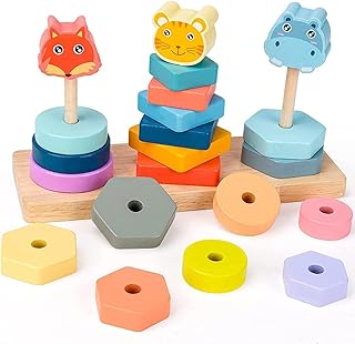 Wooden Sorting & Stacking Toy Stacking Montessori Toys Geometric Set of Column Animals Early Educational Block Puzzles for 1-3 Years Old Kids, Geometry Building Blocks Gifts for Boys Girls