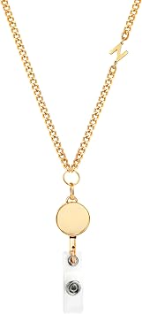 Gold Plated Retractable Badge Reel Lanyard with Initial Letter ID Holder for Women Fashionable Golden Chain Necklace Teacher Lanyard n