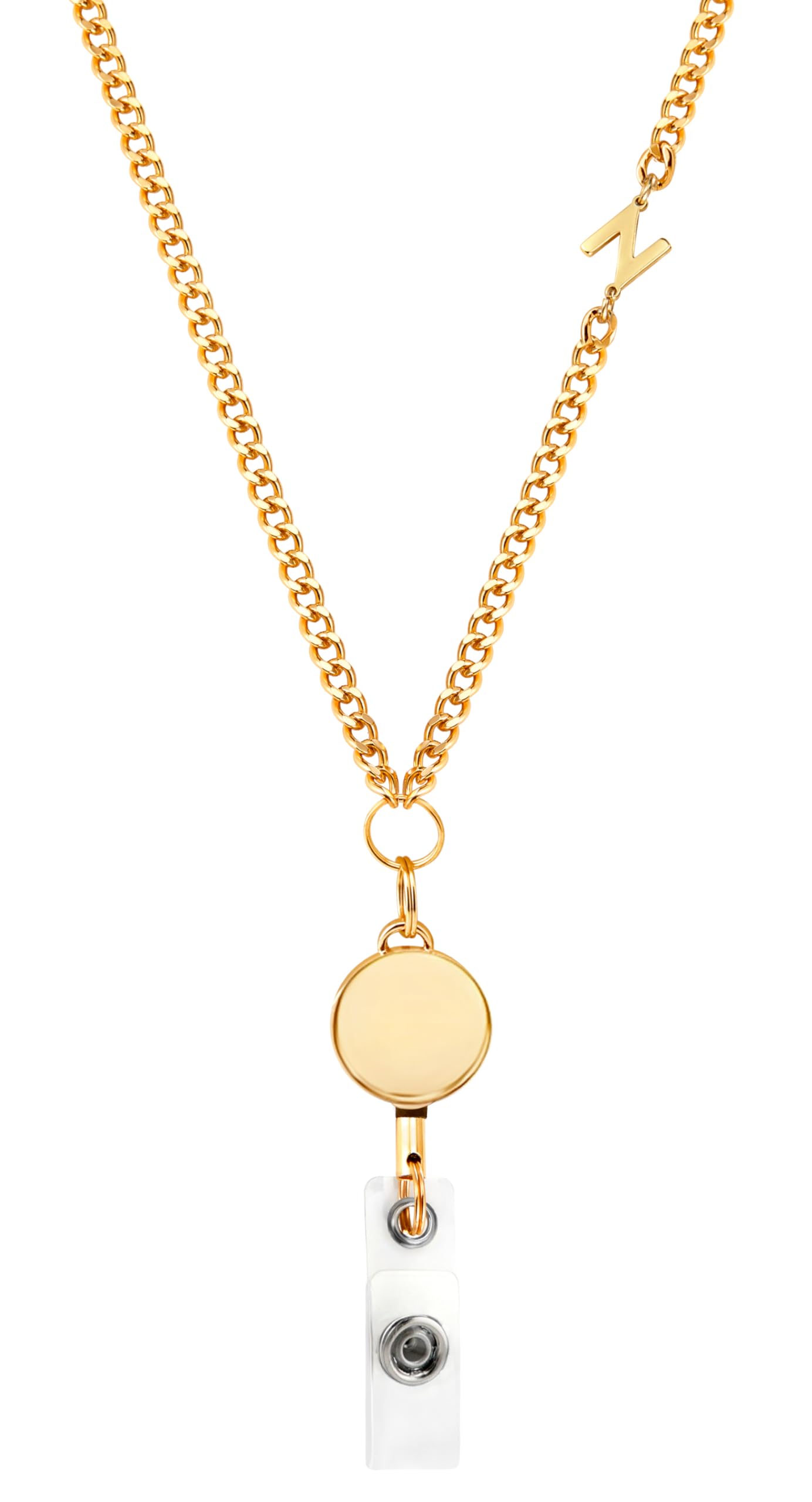MyfavoriteK Gold Plated Retractable Badge Reel Lanyard with Initial Letter ID Holder for Women Fashionable Golden Chain Necklace Teacher Lanyard (n)