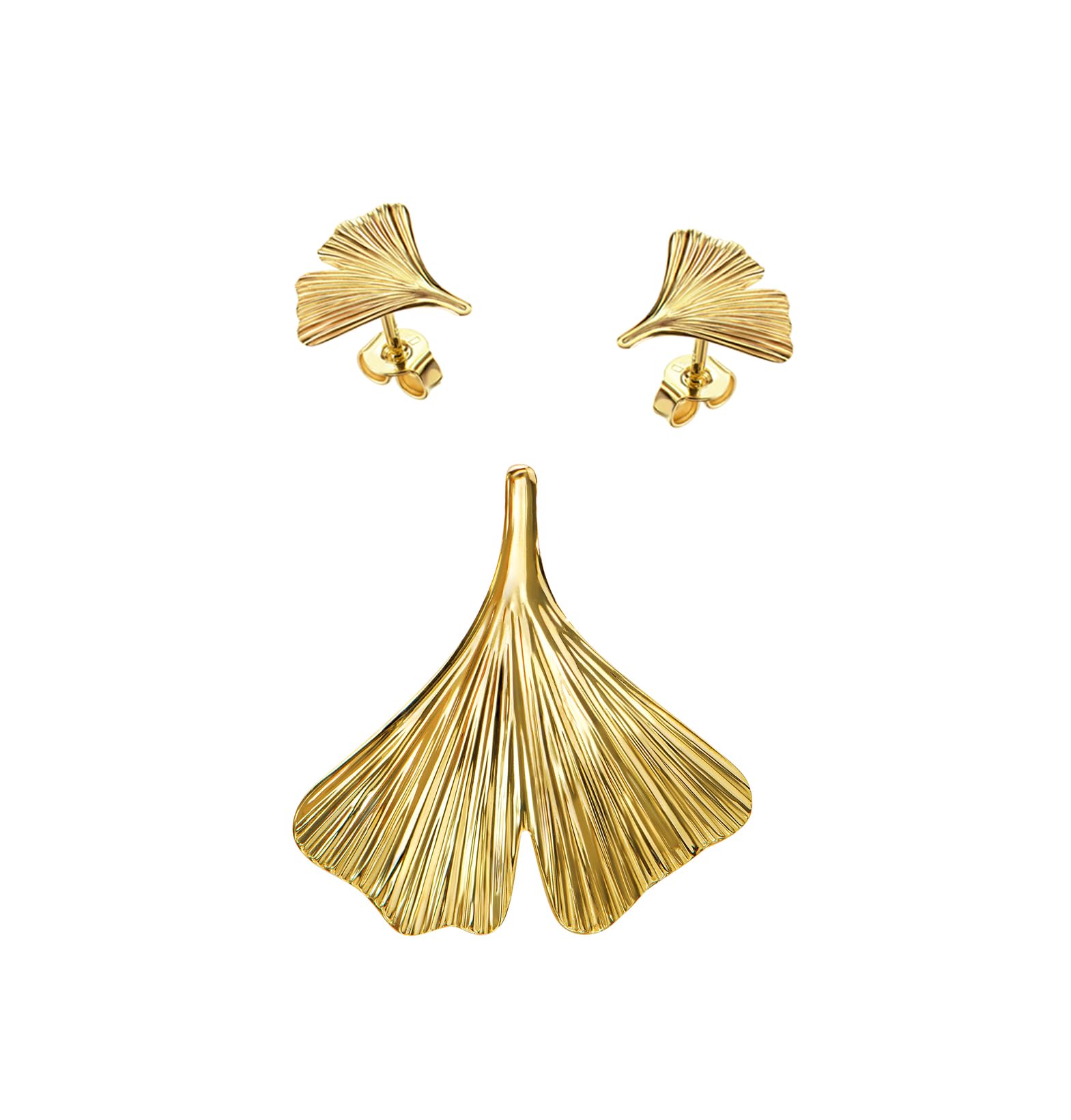 Gold 333 Schmuckset Ginkgo-Goldanhänger und 2x Ohrstecker für Damen mit Kette oder ohne Kette + Schmuck-Etui + Zertifikat