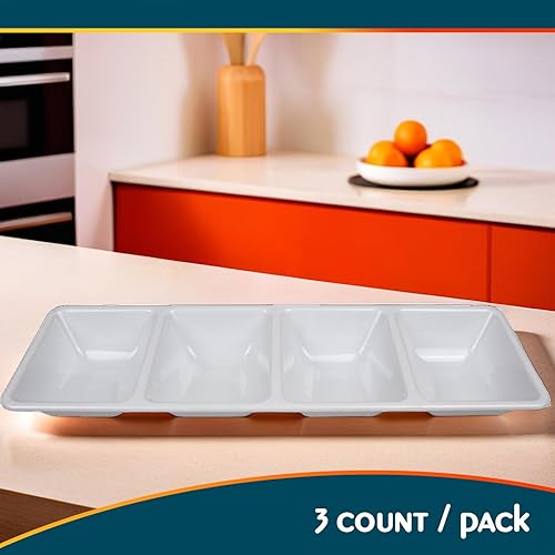 Miniatura 4 de Elegantes bandejas desechables de plástico rectangulares blancas de 4 secciones, 16 x 5 pulgadas (paquete de 3), calidad y diseño premium, perfectas