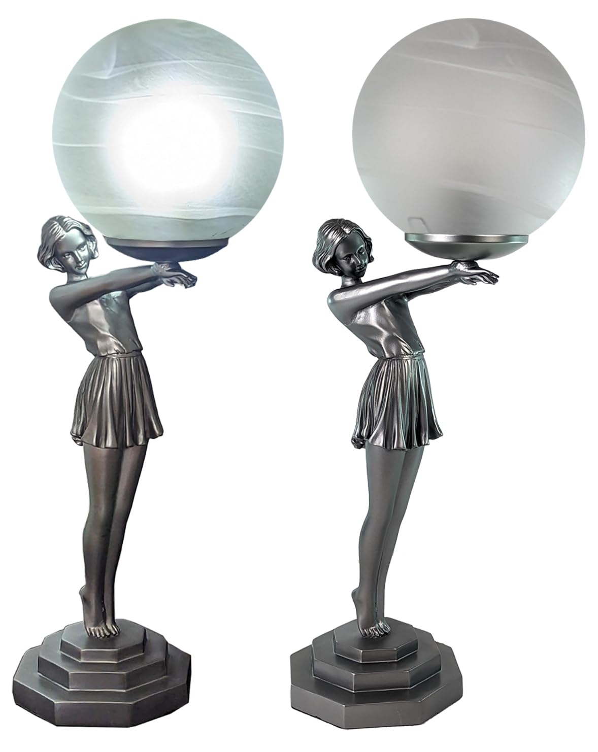 Middle-England 48cm Art Deco/Nouveau Lady Figurine Table Lamp Silver Finished Polystone Resin Glass Globe Shade