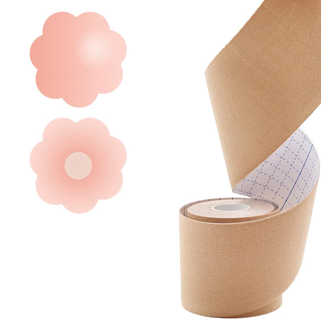 Boob Tape Breast Lift Tape with 2 Pcs Petal Nipple Cover, Push Up & Lifting Tape Fit for Any Type of Clothing and A-D Cup (Skin Color)