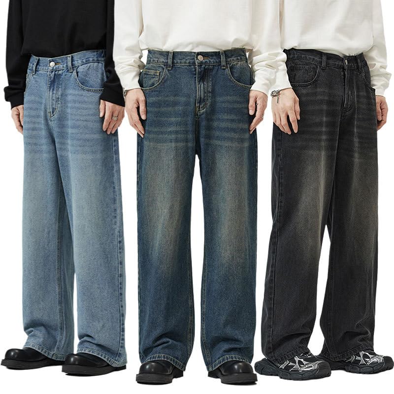 Men's Korean Version Straight Retro Jeans Elastic Waist Spring Casual Pants2