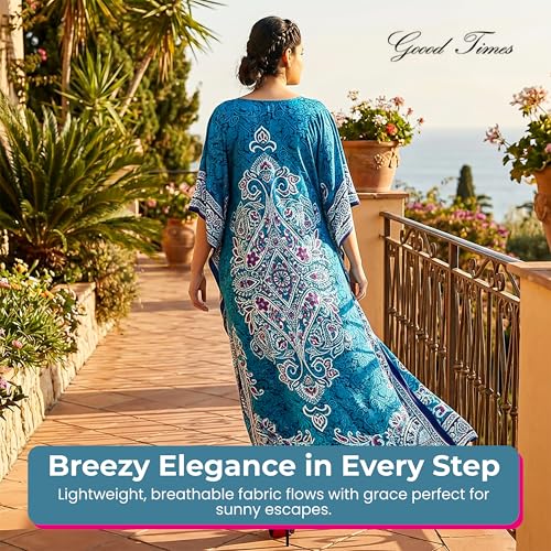 Image of Goood Times Plus Size Kaftan Long Maxi Kimono for Women, 52 inch Length, 3 /4 Sleeves, Caftan Nightgown for Women