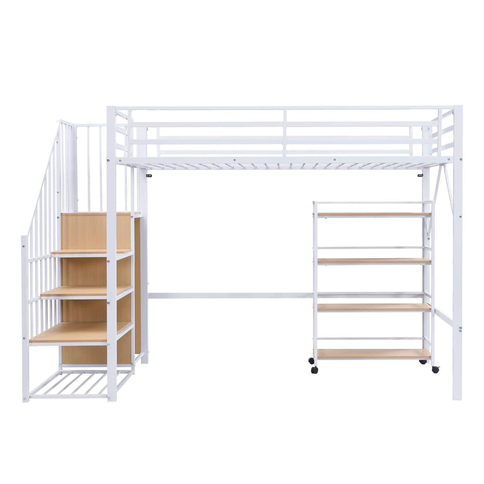 Lit Mezzanine Enfant 90x200 Métal,Lit Mezzanine 1 Place avec étagère à 4 Niveaux sur roulettes,Escalier de Rangement,Tringle à Vêtements,Haute Barrière,pour Enfants Ados