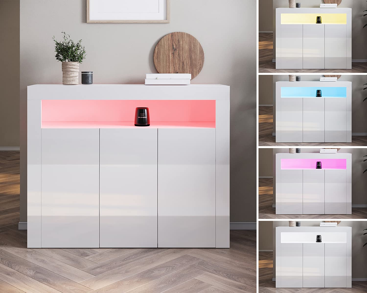 SONNI Kommode mit 3 Hochglanz Türen, LED(16 Farben), 116x35x93cm, Weiß | Sideboard mit Schrank, Komodenschrank, Wohnzimmermöbel, Wohnzimmerschrank, Standschrank für Küche, Esszimmer, Wohnzimmer