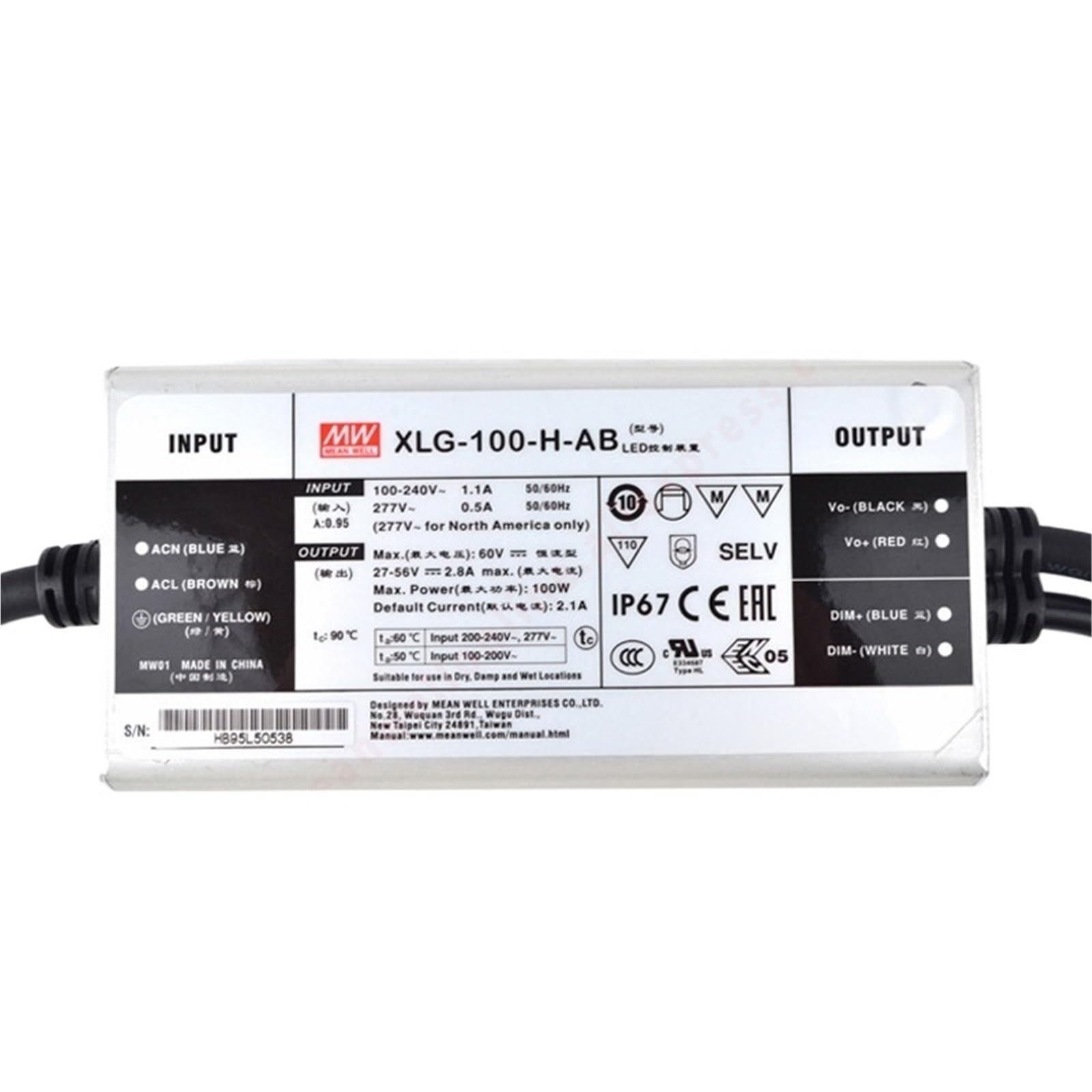 Fcarumiqp Xlg-100-H-Ab-100W Xlg-100-H-Ab Ip67 Metal Case 3 In 1 Led Lighting 1750-2780Ma/27-56V/100W Driver